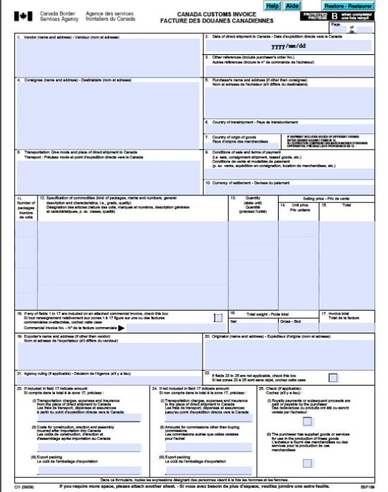 Canadian Customs Invoice Template Excel