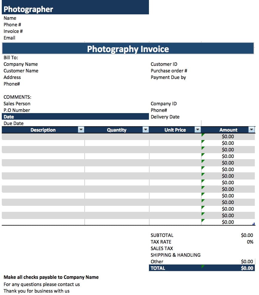 Free Photography Invoice Template Excel PDF Word (.doc)