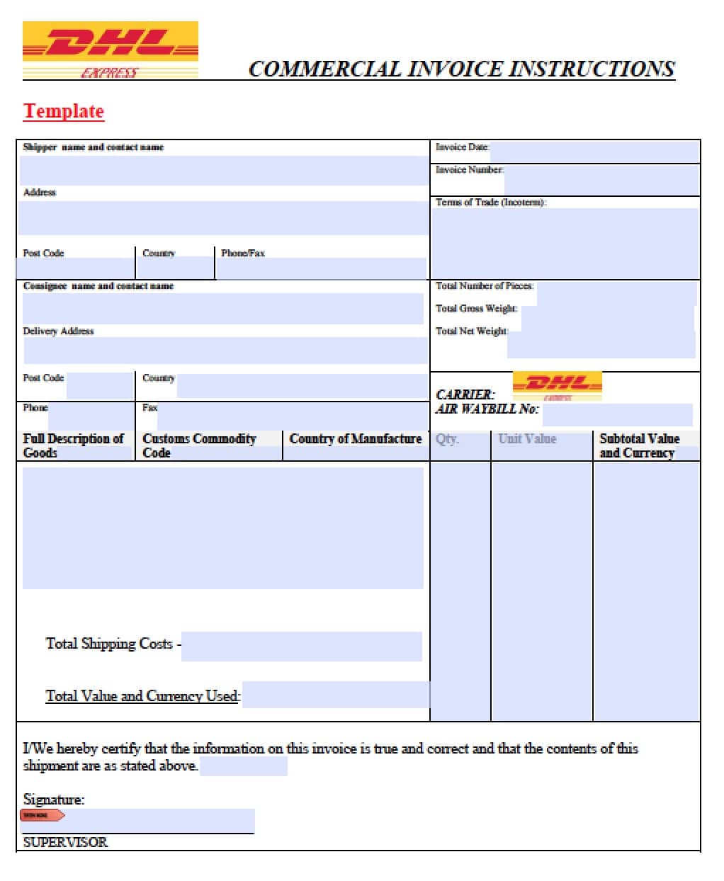 dhl commercial invoice template adobe pdf microsoft word
